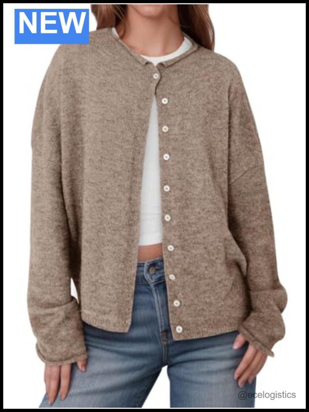 Button Up Long Sleeve Lightweight Knit Cardigan Crew Neck Soft Cozy Loose Fit